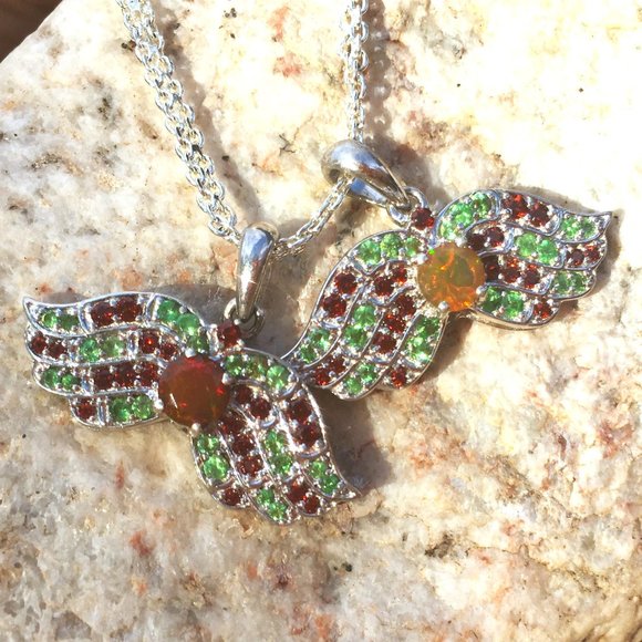 .925 Silver Opal, Tsavorite & Red Garnet Wings Pendant Angel Natural - Picture 6 of 16